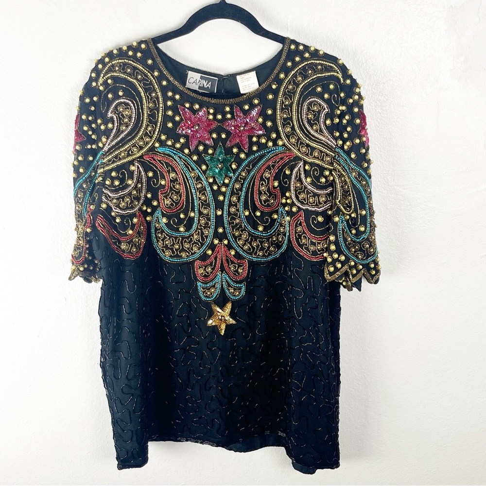 CARINA Vintage 100% Pure Silk Black Beaded Sequins Short Sleeves Lined Blouse XL